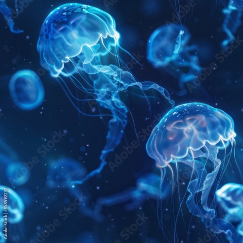 Seamless pattern of fluorescent blue jellyfish photo