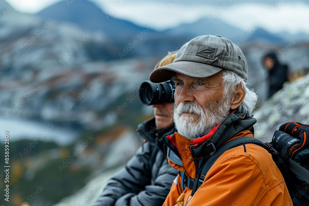 Senior Man With White Beard Gazes at the Mountains During a Hiking Trip Senior Man With White Beard Gazes at the Mountains During a Hiking Trip