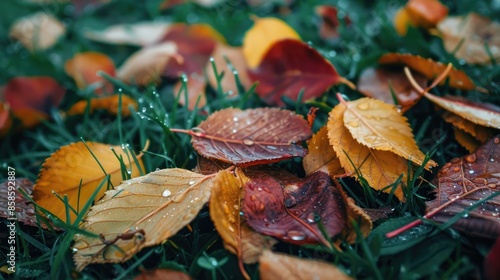 Colorful dry leaves on wet grass after rain photo