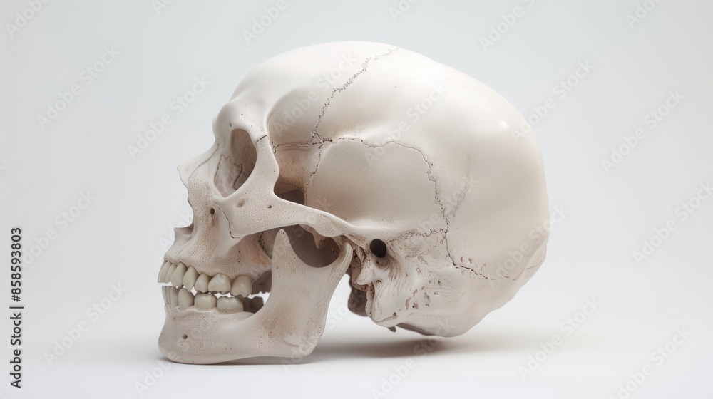 Obraz premium Side view of a human skull on white background, anatomical study. Medical and scientific concept.