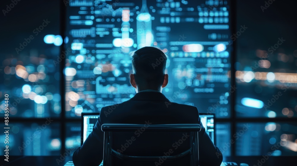 Cybersecurity specialist monitoring digital networks in a high-rise office Cybersecurity specialist monitoring digital networks in a high-rise office