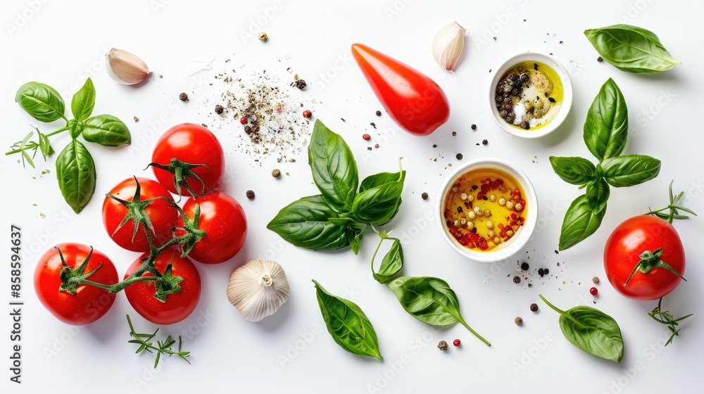 Fresh Mediterranean Diet Banner with Tomato Basil Olive Oil and Garlic Vegan Cooking Concept on White Background Fresh Mediterranean Diet Banner with Tomato Basil Olive Oil and Garlic Vegan Cooking Concept on White Background