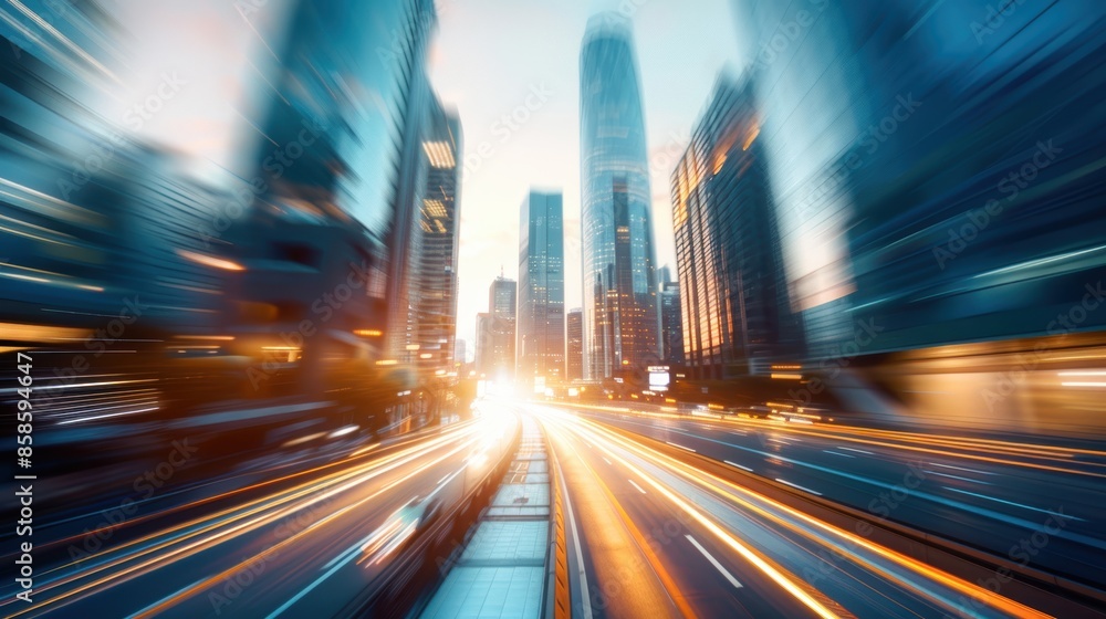 Fototapeta premium Business district skyline with busy traffic, car lights creating trails, evening rush hour, dynamic cityscape, high resolution and vibrant