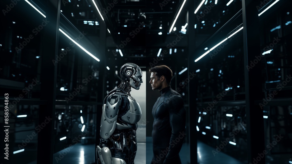 Human and Robot Standing Face to Face in Futuristic Setting, Human AI Interaction Human and Robot Standing Face to Face in Futuristic Setting, Human AI Interaction