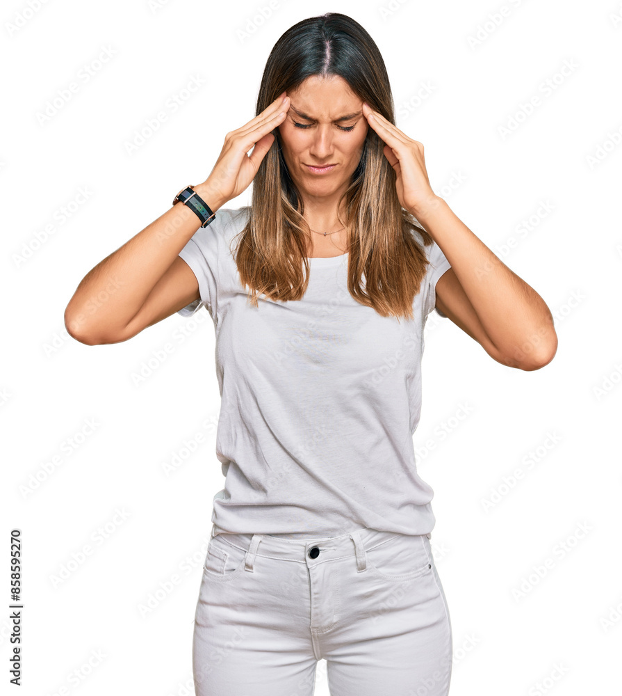 Young woman wearing casual white t shirt suffering from headache desperate and stressed because pain and migraine. hands on head. Young woman wearing casual white t shirt suffering from headache desperate and stressed because pain and migraine. hands on head.