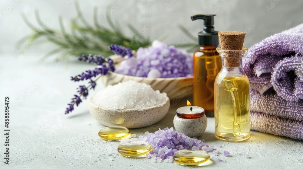 Spa Setting with Lavender Towel Salt Candles Aromatherapy Oil on White Background Spa Setting with Lavender Towel Salt Candles Aromatherapy Oil on White Background