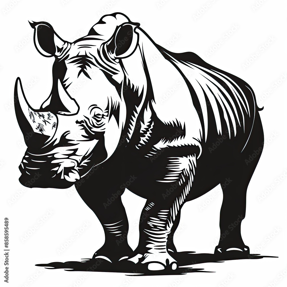 Fototapeta premium A black and white drawing of a rhinoceros on a white background