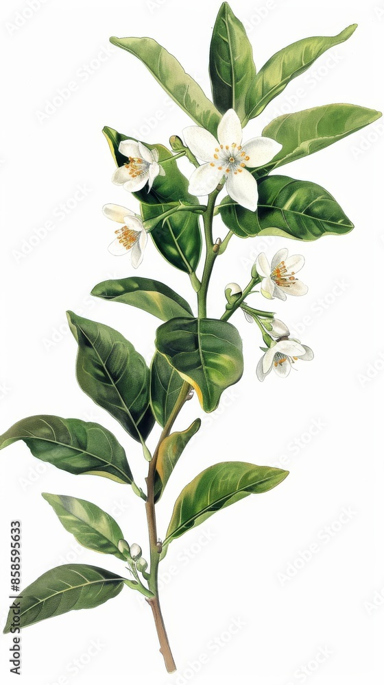 Botanical illustration of citrus branch with flowers and leaves Botanical illustration of citrus branch with flowers and leaves