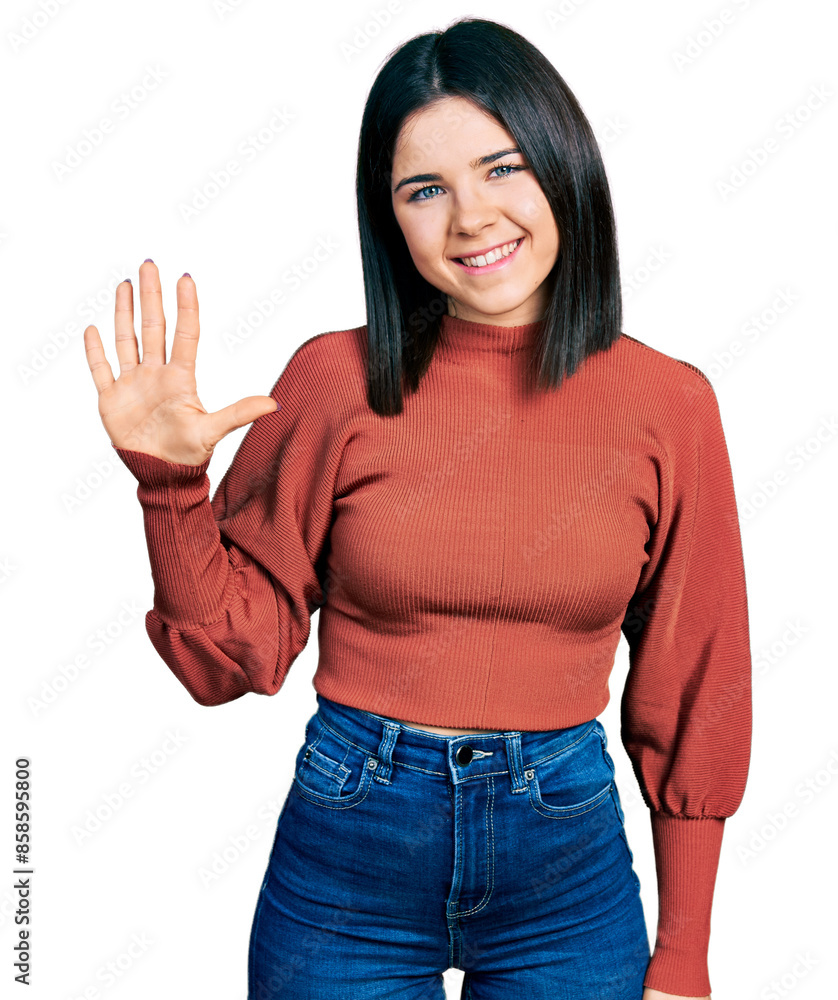 Φωτογραφία Young brunette woman with blue eyes wearing elegant sweater showing and pointing up with fingers number five while smiling confident and happy