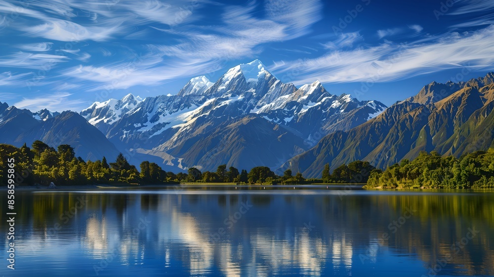 Snow-Capped Mountain Peaks Reflecting in a Clear Lake with Lush Green Forests under a Vivid Blue Sky
Snow-Capped Mountain Peaks Reflecting in a Clear Lake with Lush Green Forests under a Vivid Blue Sky