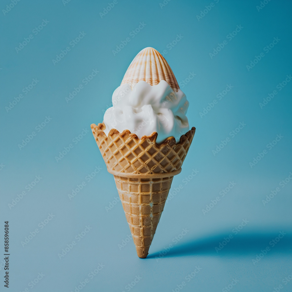 ice cream cone with seashells on blue background, flat lay.Minimal creative food concept. ice cream cone with seashells on blue background, flat lay.Minimal creative food concept.
