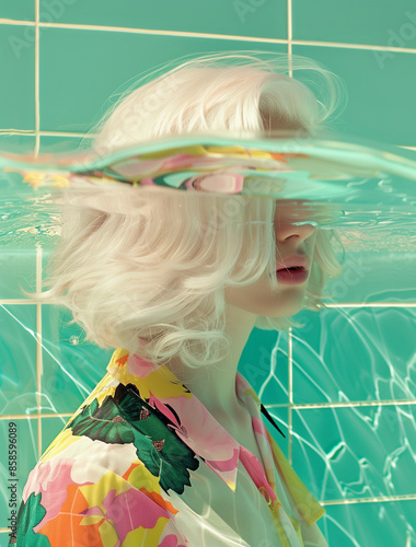 A model in a colorful bathroom surounded with water. .Minimal creative interior concept photo