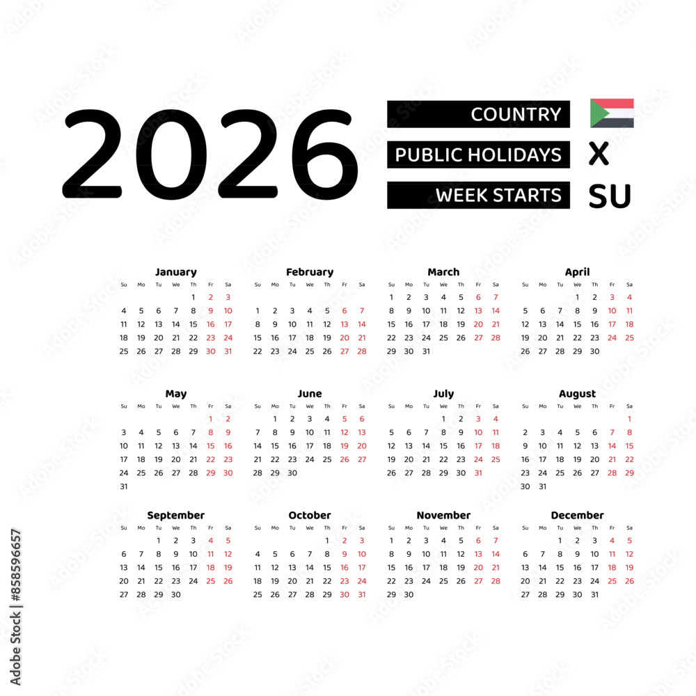 Calendar 2026 English language with Sudan public holidays. Week starts from Sunday. Graphic design vector illustration. Calendar 2026 English language with Sudan public holidays. Week starts from Sunday. Graphic design vector illustration.