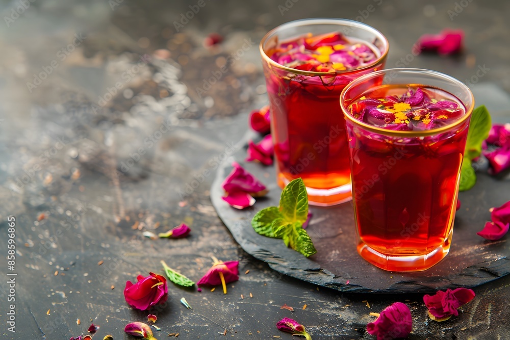 Traditional Iranian Sharbat with Rose and Spices, Sweet Beverage in Glasses, Dark Background, Perfect for Cultural Promotions, Copyspace for Text, Ideal for Marketing Material Traditional Iranian Sharbat with Rose and Spices, Sweet Beverage in Glasses, Dark Background, Perfect for Cultural Promotions, Copyspace for Text, Ideal for Marketing Material