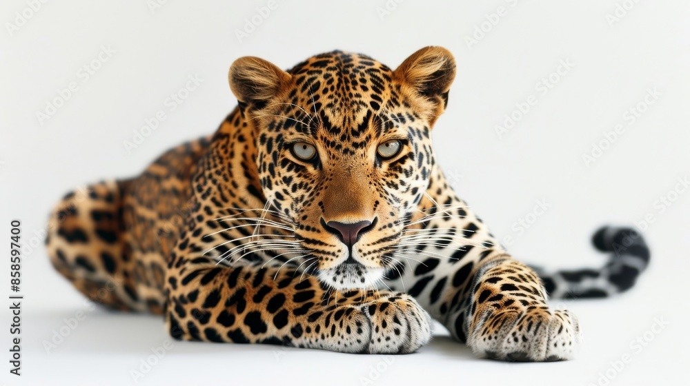 Obraz premium Leopard resting on a white background, close-up of fierce predator. Wildlife and nature concept