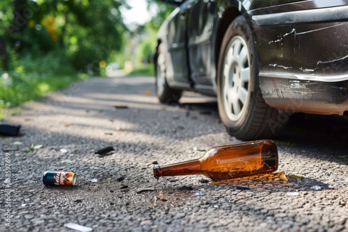 Close-up of beer bottle on road surface near a car – impaired driving – alcohol safety campaign photo