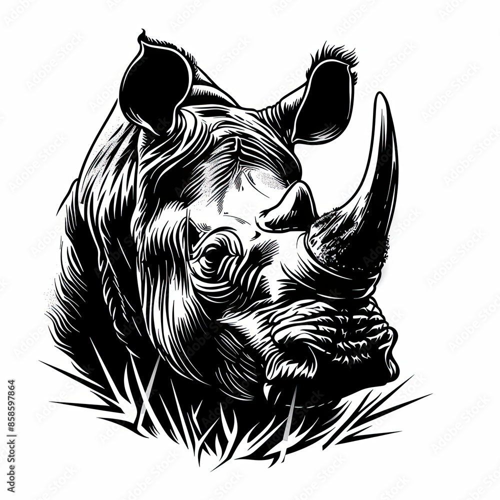 Fototapeta premium A black and white drawing of a rhino 's head