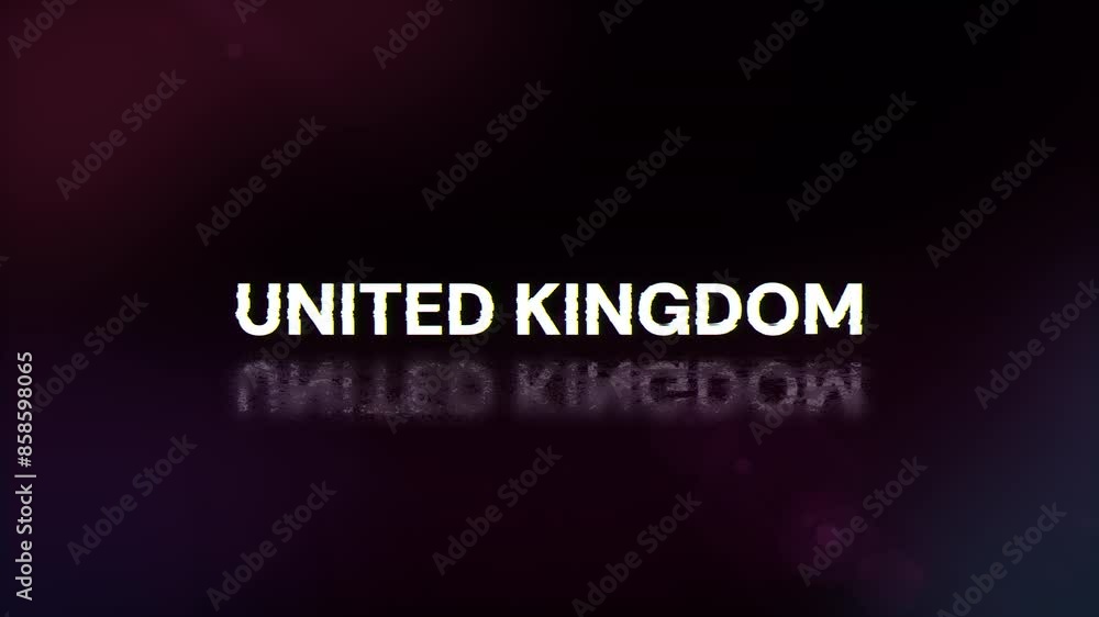 United Kingdom text with screen effects of technological failures. Spectacular screen glitch with various kinds of interference. Looped