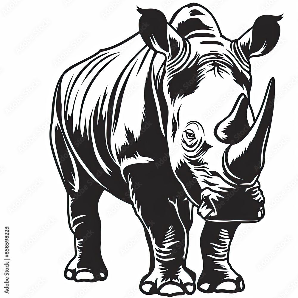 Fototapeta premium A black and white drawing of a rhinoceros on a white background