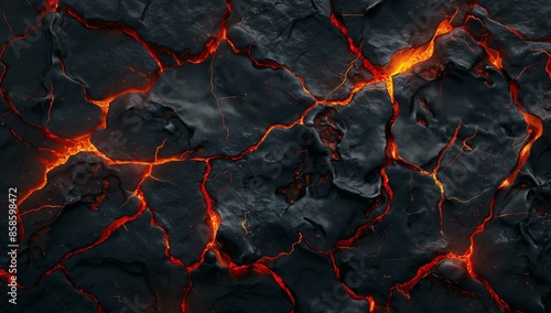 A dark textured lava surface with glowing red and orange fissures, depicting molten lava cracks and a rugged, fiery terrain. photo