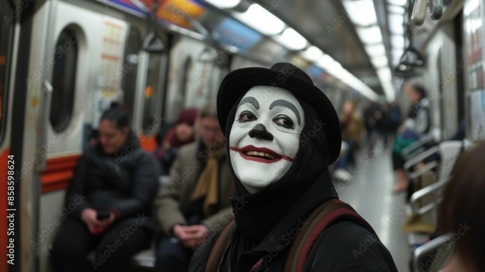 Passengers are captivated by a mime artist his silent performance leaving them in fits of laughter and admiration. Passengers are captivated by a mime artist his silent performance leaving them in fits of laughter and admiration.