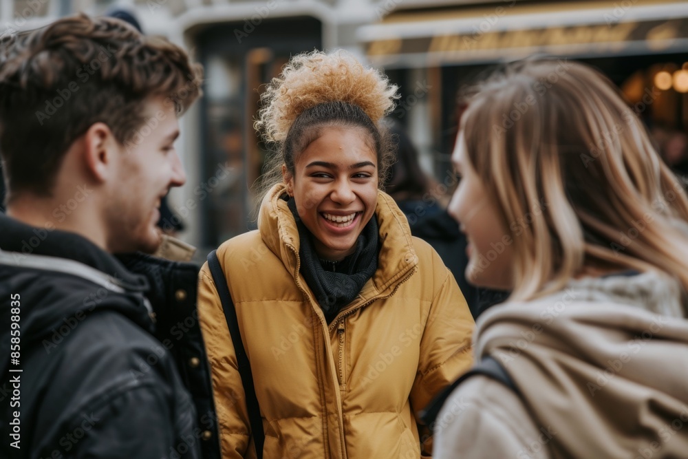 Group of multiracial friends having fun on the street in the city. Group of multiracial friends having fun on the street in the city.