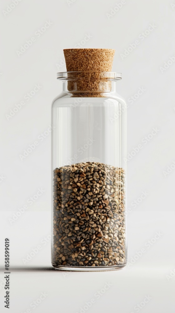 Glass jar filled with pebbles and cork stopper on white background, minimalistic concept Glass jar filled with pebbles and cork stopper on white background, minimalistic concept