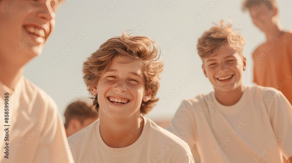 Group of happy teenagers enjoying a sunny day at the beach, smiling and having fun together in casual white shirts. Group of happy teenagers enjoying a sunny day at the beach, smiling and having fun together in casual white shirts.