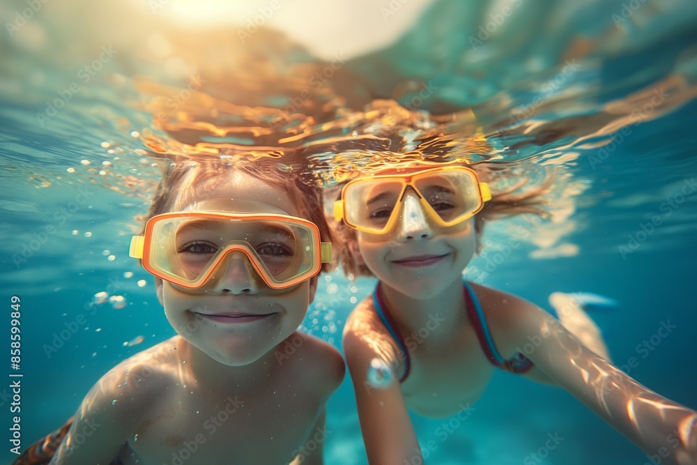 Fototapeta premium Two kids underwater with goggles, smiling and happy