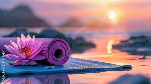 Wallpaper Mural Sunrise Beach Scene: Neatly Rolled Yoga Mat and Lotus Flower in Tranquil Setting Torontodigital.ca