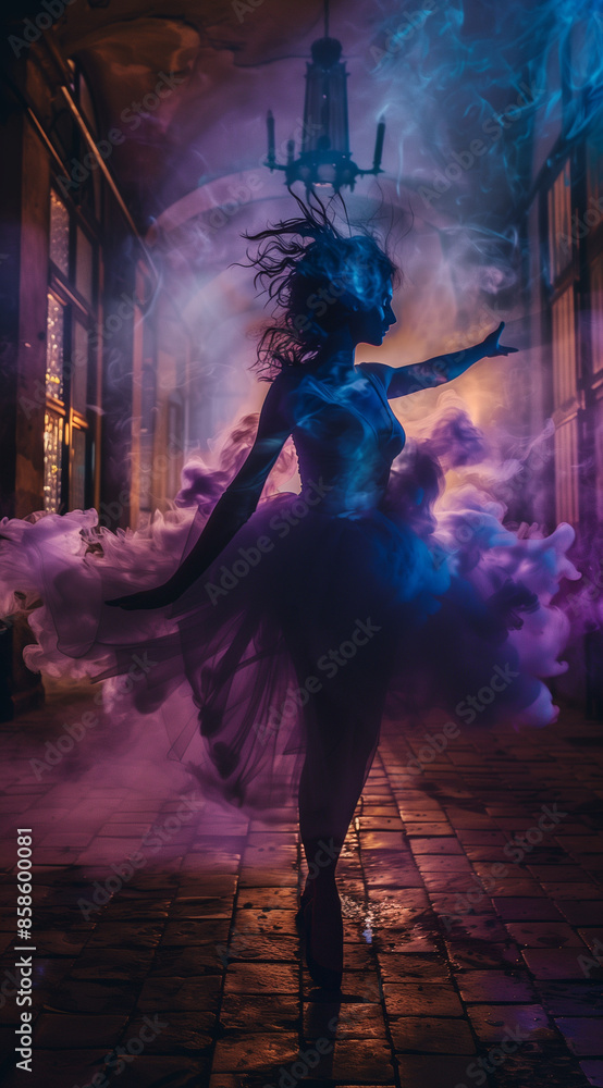 The dancer surrounded by purple and blue smoke, spinning against a dark background. Minimal creative art and fashion concept. The dancer surrounded by purple and blue smoke, spinning against a dark background. Minimal creative art and fashion concept.