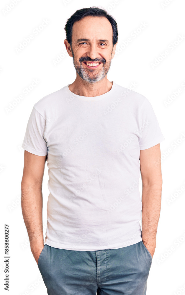 Middle age handsome man wearing casual t-shirt with a happy and cool smile on face. lucky person. Middle age handsome man wearing casual t-shirt with a happy and cool smile on face. lucky person.