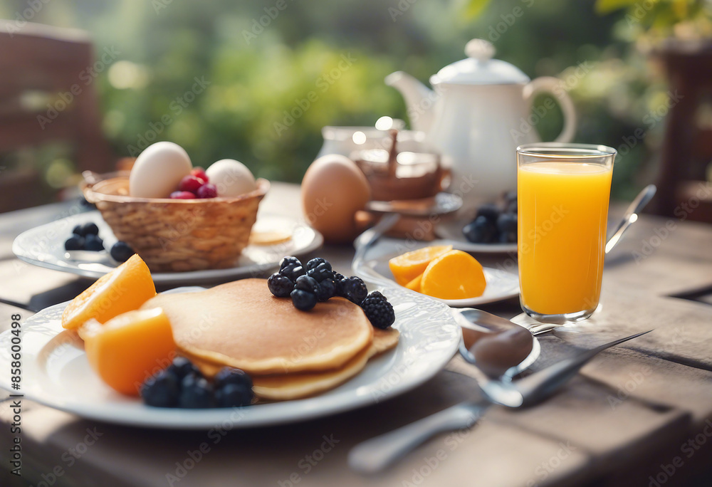 A summer outdoor breakfast table on a patio. The breakfast menu includes pancakes, eggs, orange juice, coffee, and tea. A summer outdoor breakfast table on a patio. The breakfast menu includes pancakes, eggs, orange juice, coffee, and tea.