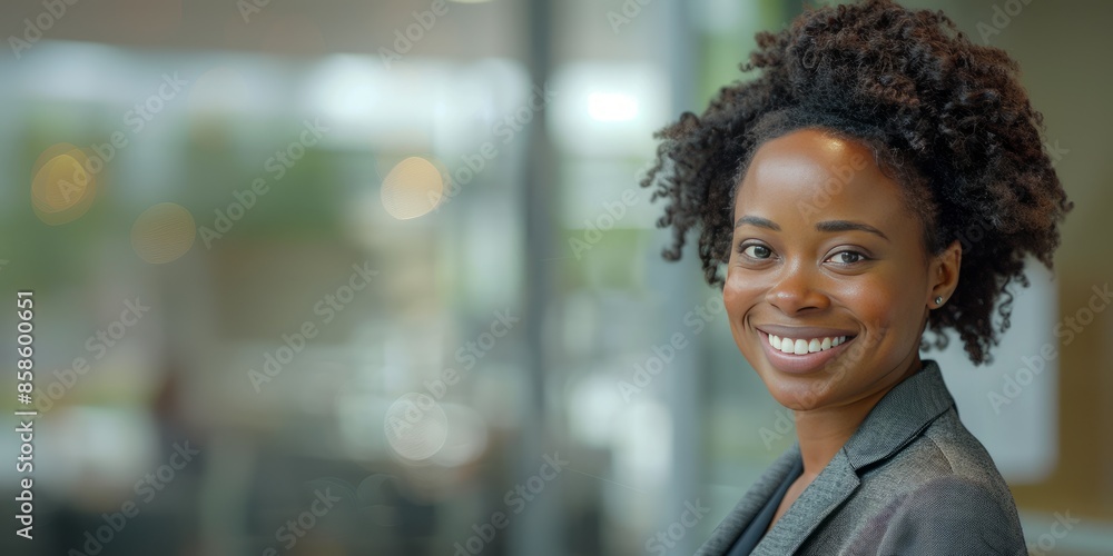 a smiling African American woman on a blurred background with space for text. The concept of the American Business Women's Day holiday a smiling African American woman on a blurred background with space for text. The concept of the American Business Women's Day holiday