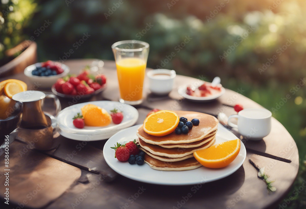 A summer outdoor breakfast table on a patio. The breakfast menu includes pancakes, eggs, orange juice, coffee, and tea. A summer outdoor breakfast table on a patio. The breakfast menu includes pancakes, eggs, orange juice, coffee, and tea.