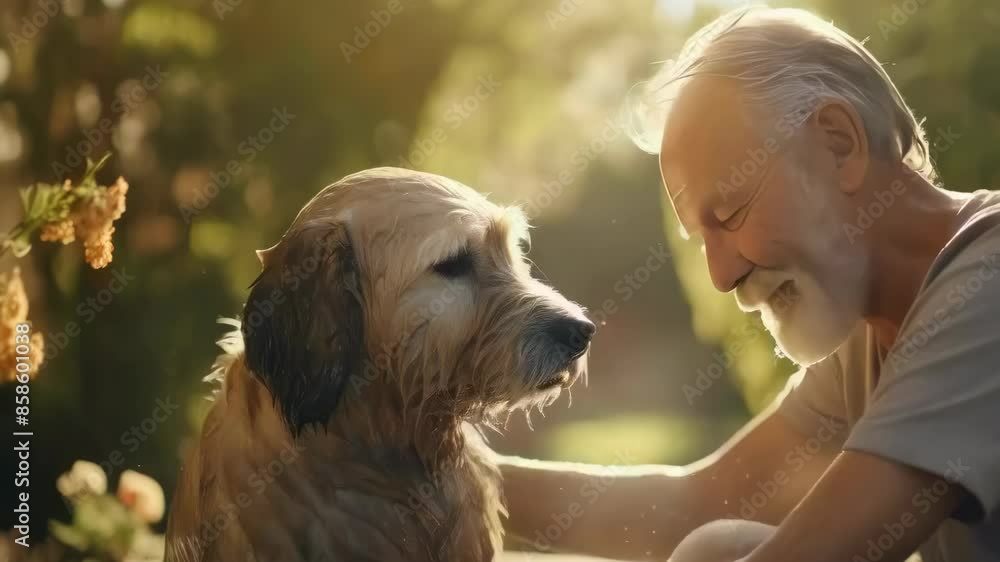 An elderly Caucasian man with a white beard sits outdoors with his pet dog on a sunny day. The man is wearing a gray shirt, and the scene is warm and serene, capturing a heartfelt moment between the An elderly Caucasian man with a white beard sits outdoors with his pet dog on a sunny day. The man is wearing a gray shirt, and the scene is warm and serene, capturing a heartfelt moment between the