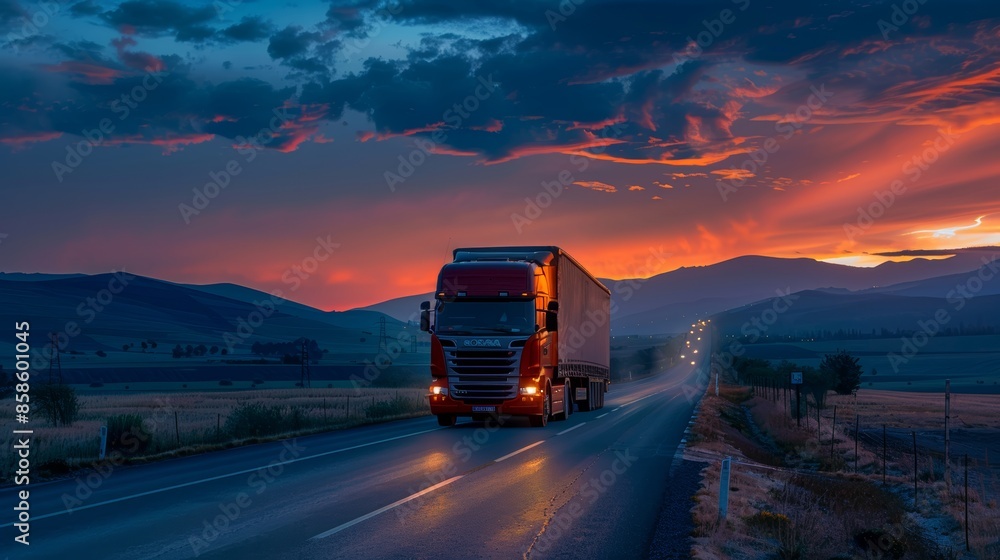 A red truck driving on a highway at dusk with a stunning sunset backdrop, highlighting the open road and evening sky A red truck driving on a highway at dusk with a stunning sunset backdrop, highlighting the open road and evening sky
