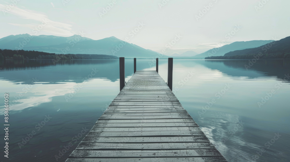 Tranquil morning at a serene lake with a wooden pier leading into the calm water and mountains in the background Tranquil morning at a serene lake with a wooden pier leading into the calm water and mountains in the background