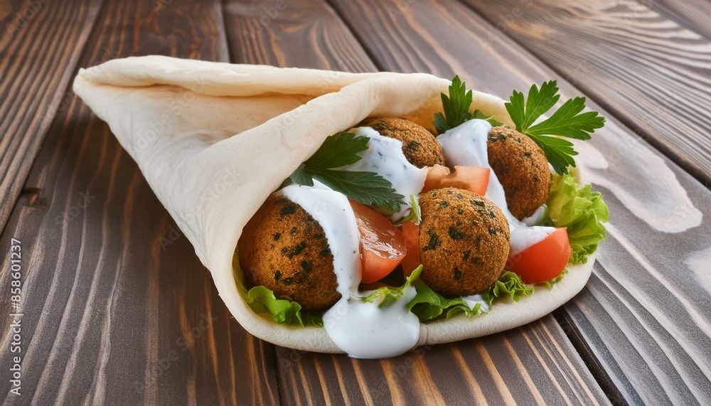 Falafel, vegetables and tzatziki in pitta bread on wooden table Falafel, vegetables and tzatziki in pitta bread on wooden table