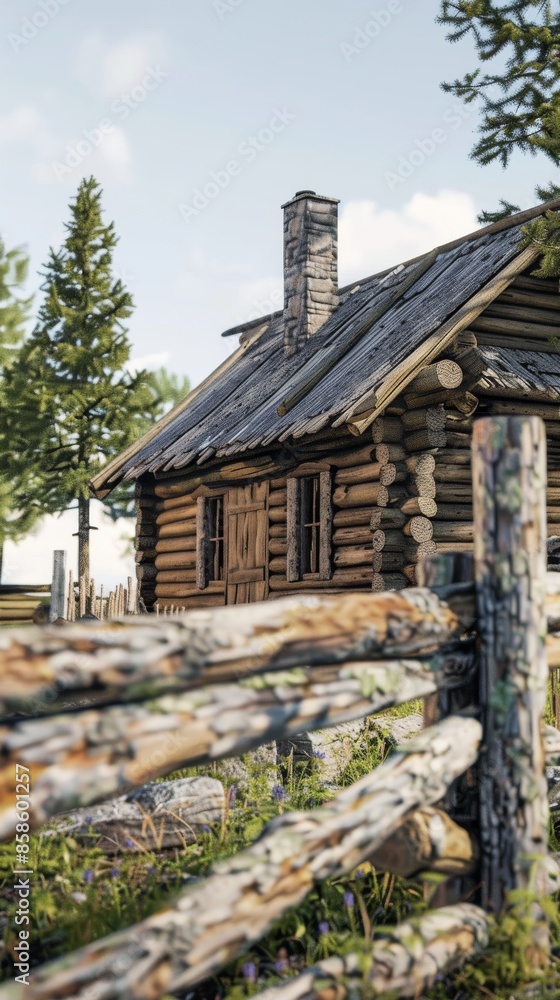 Rustic wooden cabin in countryside surrounded by trees and wooden fence, daytime. Rural life and nature concept Rustic wooden cabin in countryside surrounded by trees and wooden fence, daytime. Rural life and nature concept