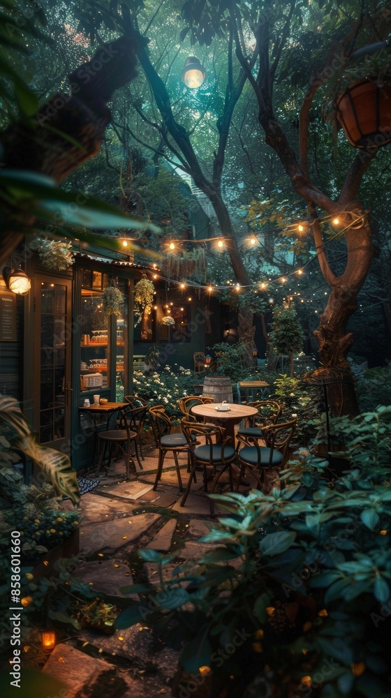 Naklejka premium Cozy outdoor garden cafe with string lights, shaded by trees, creating a magical, intimate atmosphere for dining or relaxation.