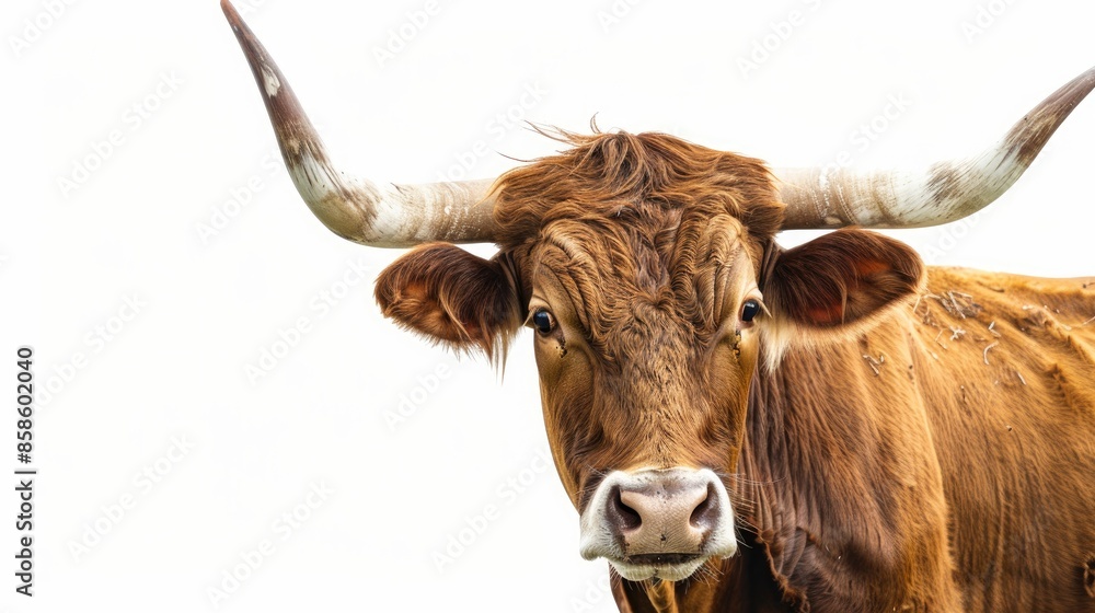 A Longhorn cow with a red coat on a plain white background looking at the camera A Longhorn cow with a red coat on a plain white background looking at the camera