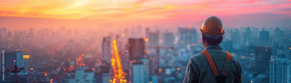 Construction worker in safety gear gazing at the vibrant city skyline during a breathtaking sunset, highlighting urban development and growth. Construction worker in safety gear gazing at the vibrant city skyline during a breathtaking sunset, highlighting urban development and growth.