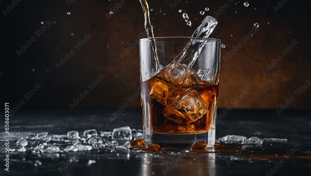 Ice falling into a glass with brown drink Ice falling into a glass with brown drink