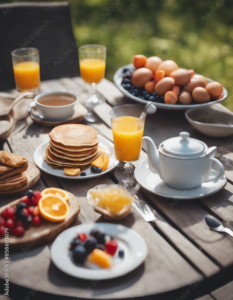 A summer outdoor breakfast table on a patio. The breakfast menu includes pancakes, eggs, orange juice, coffee, and tea. A summer outdoor breakfast table on a patio. The breakfast menu includes pancakes, eggs, orange juice, coffee, and tea.
