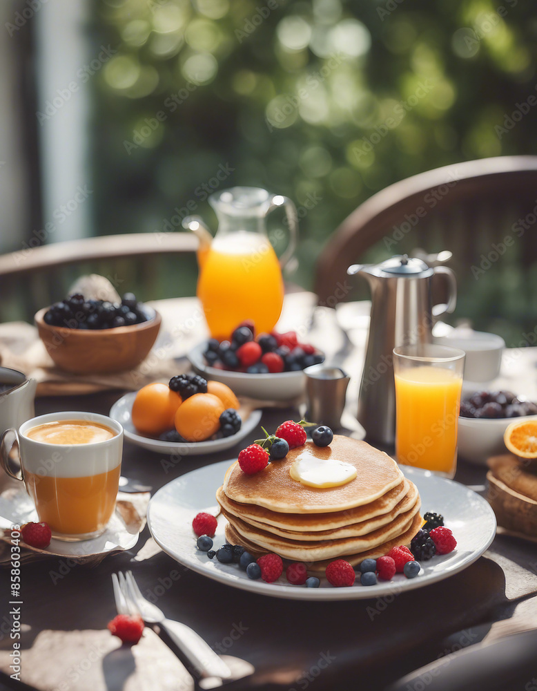 A summer outdoor breakfast table on a patio. The breakfast menu includes pancakes, eggs, orange juice, coffee, and tea. A summer outdoor breakfast table on a patio. The breakfast menu includes pancakes, eggs, orange juice, coffee, and tea.