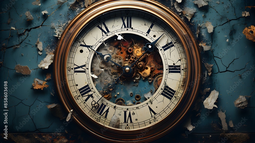 Fototapeta premium Old clock, vintage clock hands and roman numerals in detailed close-up