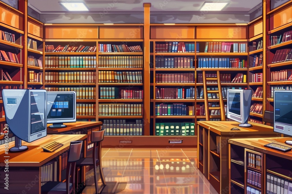 A brightly lit, modern student library with numerous bookshelves and computers. Generative AI A brightly lit, modern student library with numerous bookshelves and computers. Generative AI