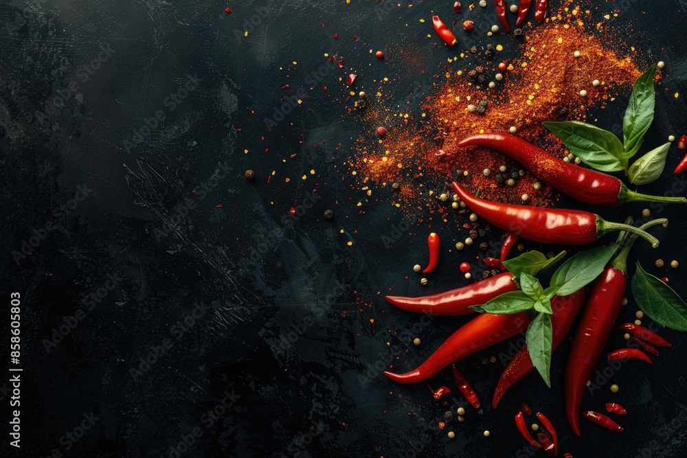A close up of red peppers and spices on a black background. The peppers are arranged in a way that they look like they are ready to be cooked. The spices are scattered around the peppers A close up of red peppers and spices on a black background. The peppers are arranged in a way that they look like they are ready to be cooked. The spices are scattered around the peppers