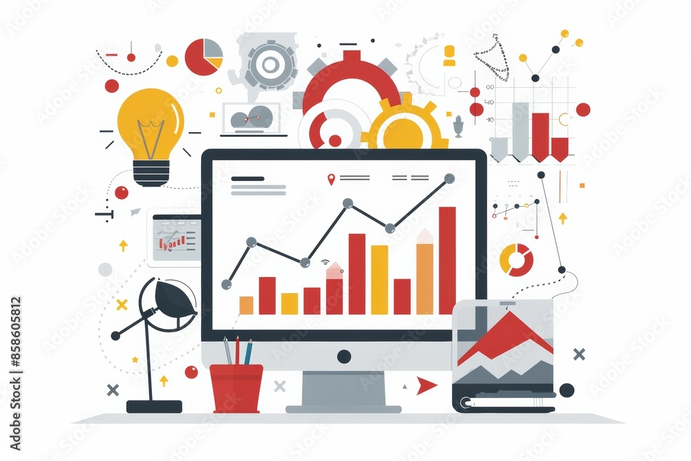 Business analytics concept with charts and graphs on computer monitor showcasing data insights, surrounded by various icons and elements. Business analytics concept with charts and graphs on computer monitor showcasing data insights, surrounded by various icons and elements.